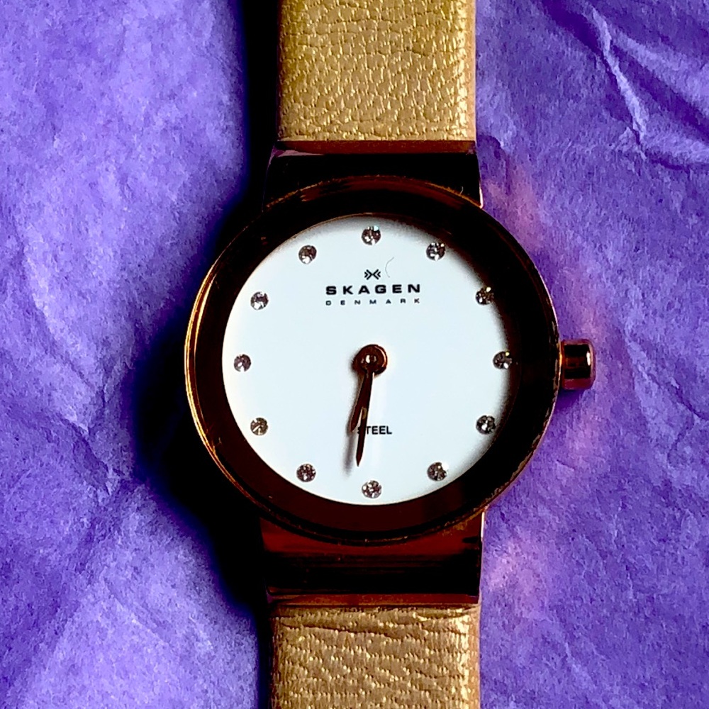 Skagen Gold Tone Leather Strap Women's Watch with White Dial